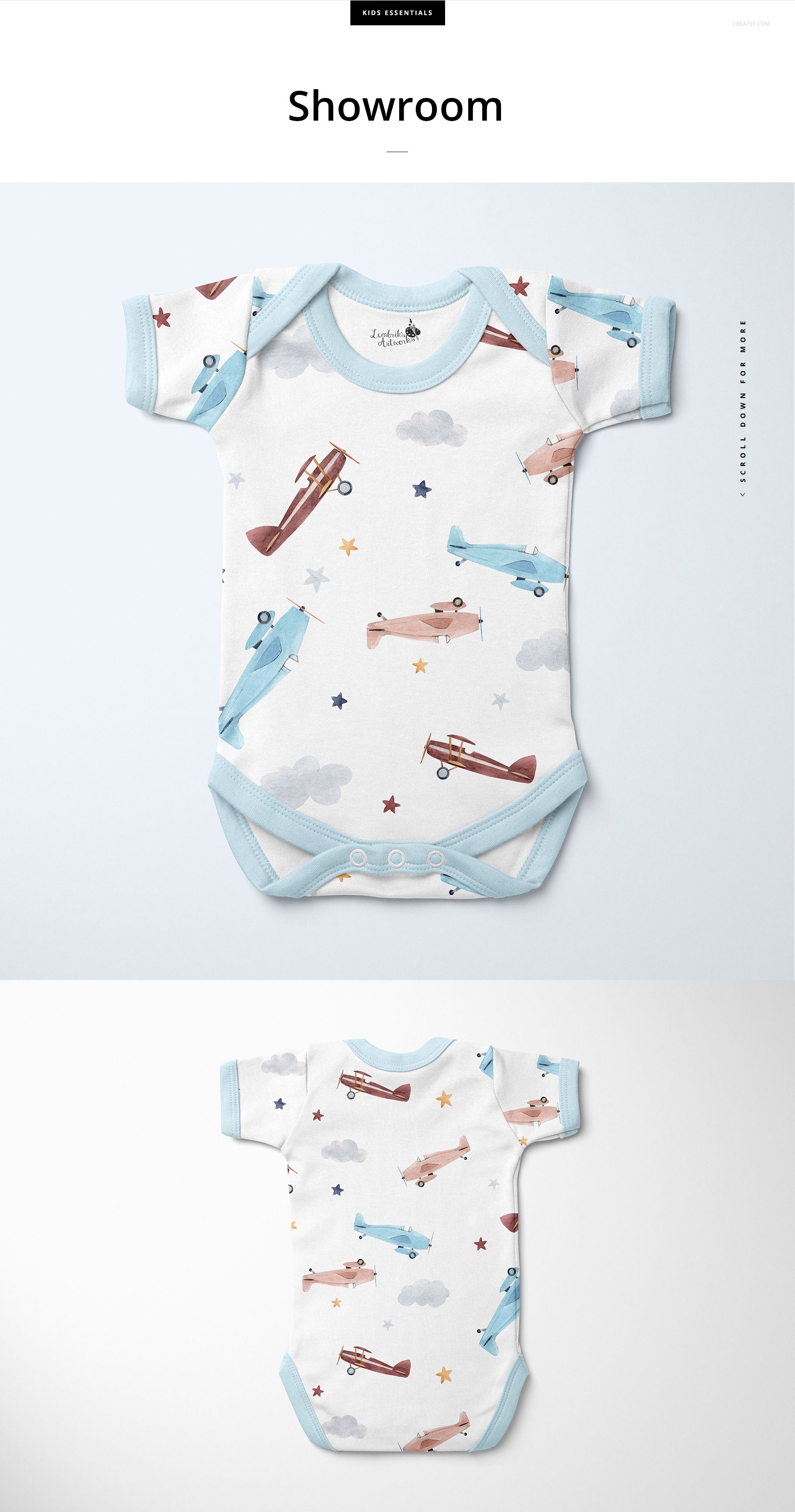 Short sleeve baby bodysuit mockup with light blue trim, featuring an airplane and cloud pattern, shown front and back.