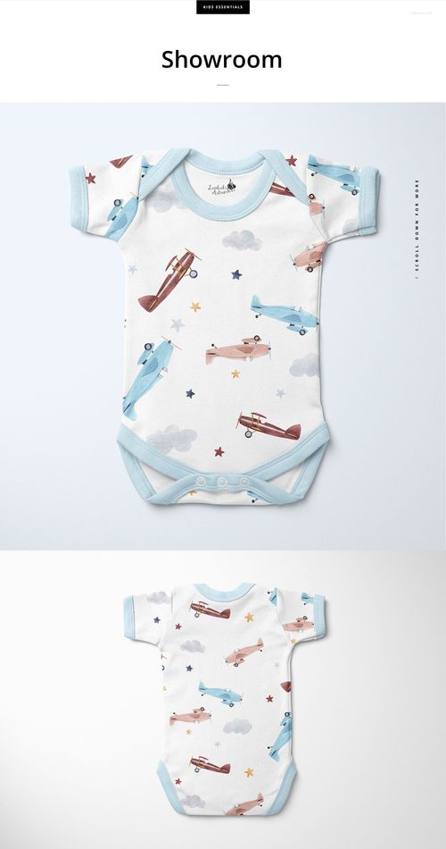 Short sleeve baby bodysuit mockup with light blue trim, featuring an airplane and cloud pattern, shown front and back.