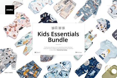 Top view of kids apparel and essentials mockup bundle with whimsical prints and pastel colors surrounding central text.