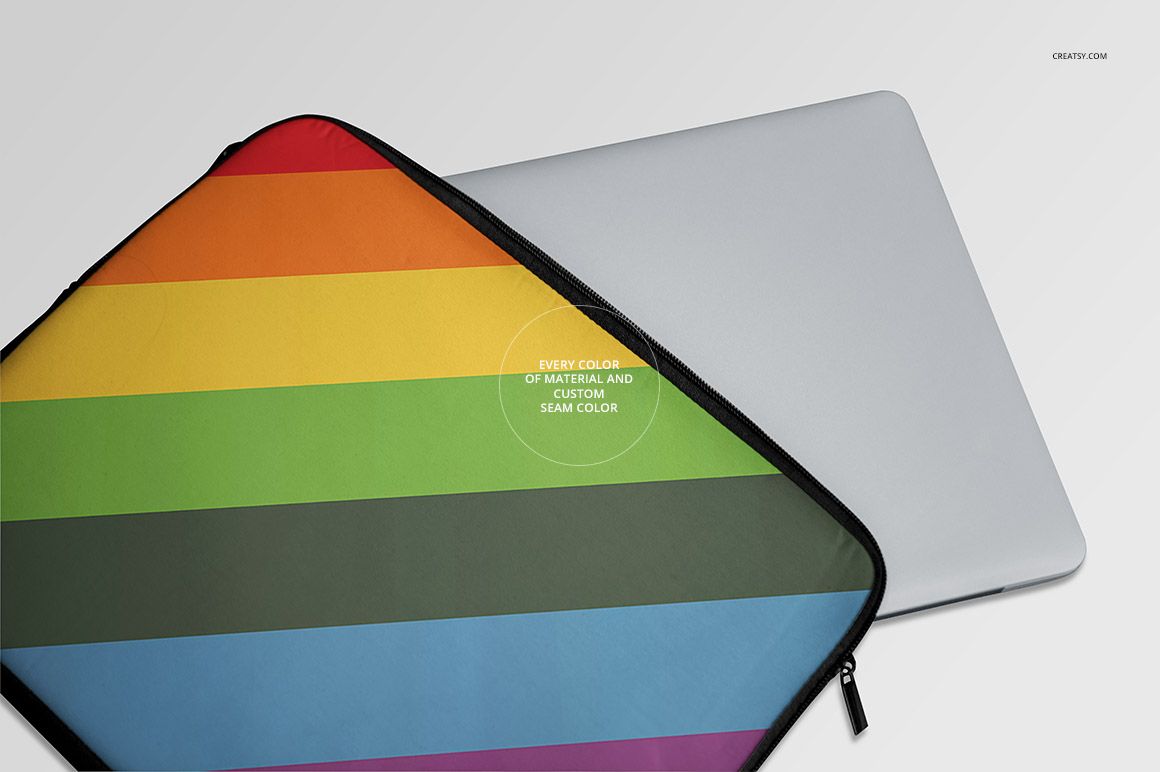 Colorful striped laptop sleeve mockup in PSD format, displayed with a silver laptop on a neutral surface.