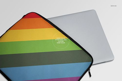 Colorful striped laptop sleeve mockup in PSD format, displayed with a silver laptop on a neutral surface.