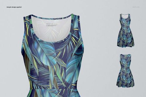 PSD mockup of an adult sleeveless blouse featuring a wavy silhouette and vibrant leaf design in blue and green tones.