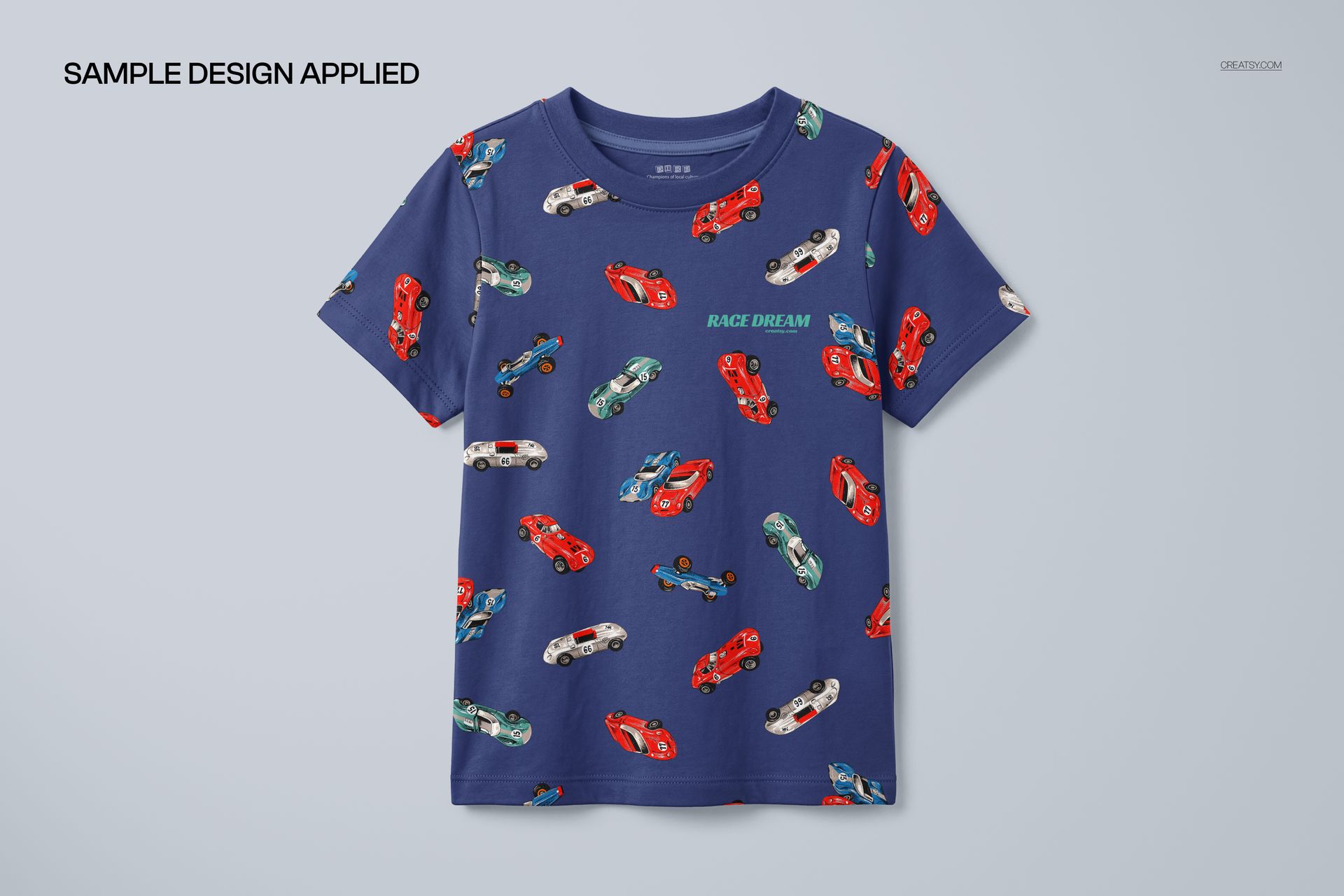 Children's pajama shirt mockup featuring a blue fabric covered in red, green, and white race cars, front perspective.