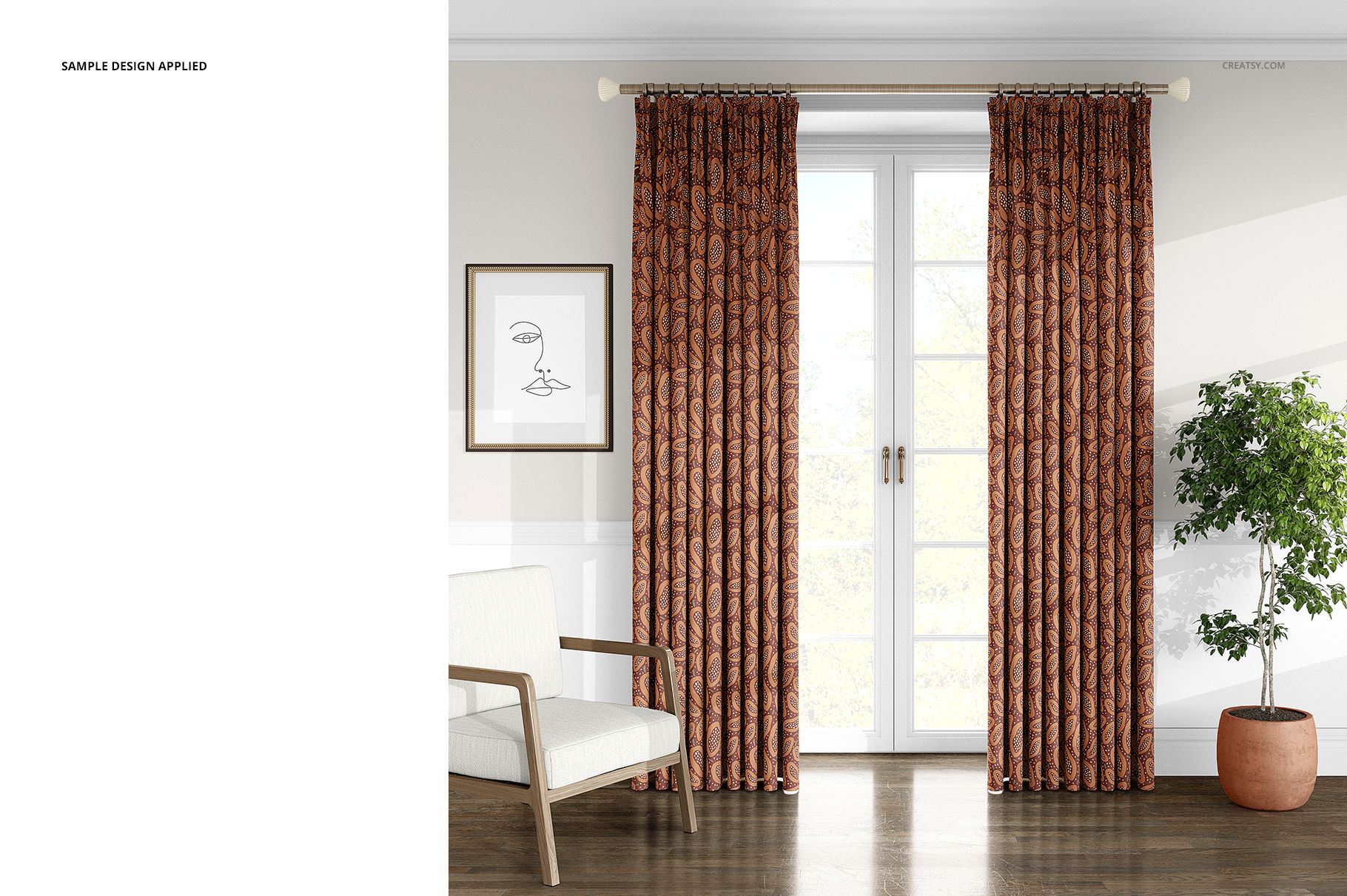 PSD mockup showing drapery curtains with geometric design, window background, and minimal home décor elements.