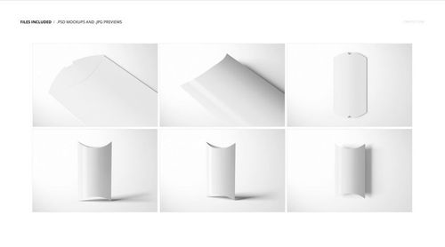 Glossy white pillow box packaging mockup shown in six views, including top, front, and angled perspectives on plain background.