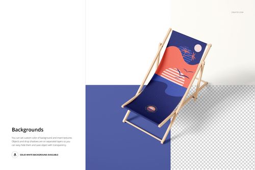 Mockup of a folding deck chair featuring a geometric sunset design, shown from a front angle with white and transparent backgrounds.