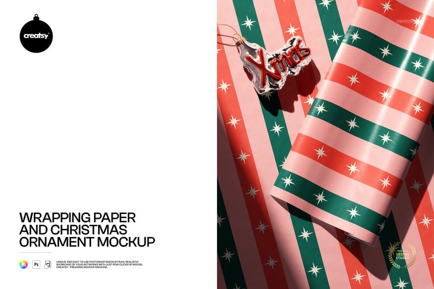 Wrapping Paper and Christmas Ornament Mockup - mockup screenshot 1