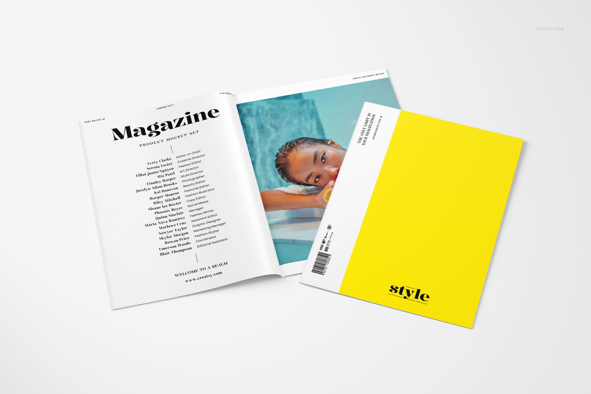 A4 magazine mockup showing an open spread with text and a photo, alongside a closed cover in solid yellow.