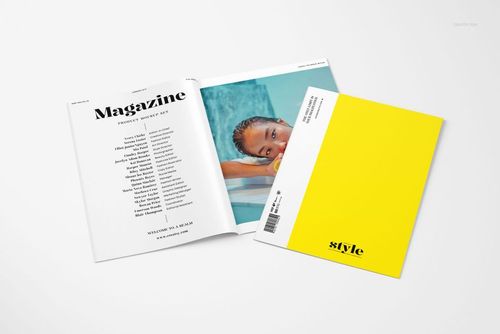 A4 magazine mockup showing an open spread with text and a photo, alongside a closed cover in solid yellow.