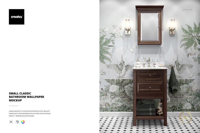 Free Classic Small Bathroom Wallpaper Interior PSD Mockup - mockup screenshot 1