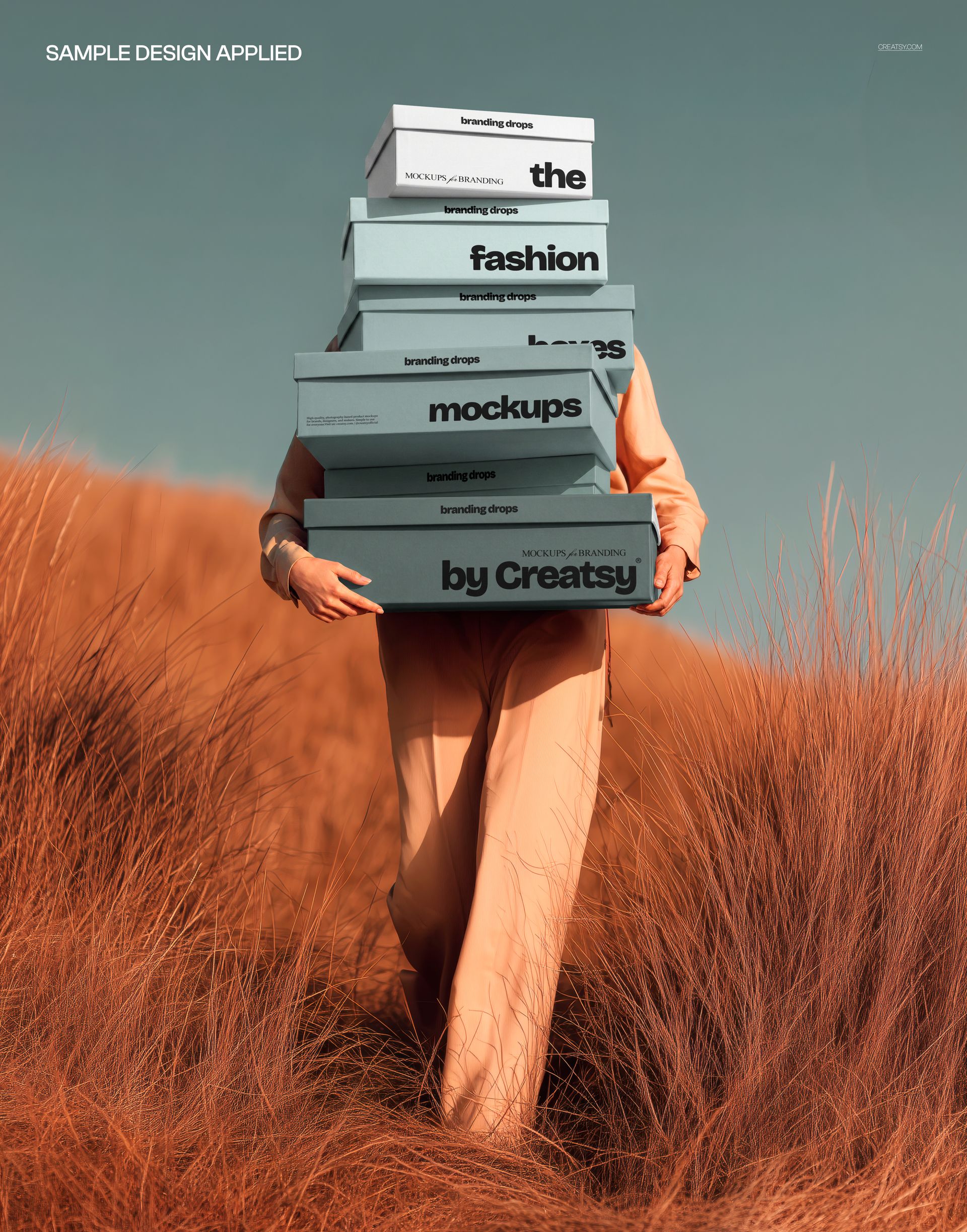 Woman in beige outfit holding a tall stack of rectangular shoe boxes in pampas grass, front view mockup scene.