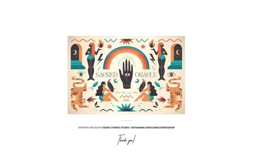 Jacquard fringed throw blanket mockup displaying vibrant sacred oracle artwork, geometric shapes, and stylized figures.