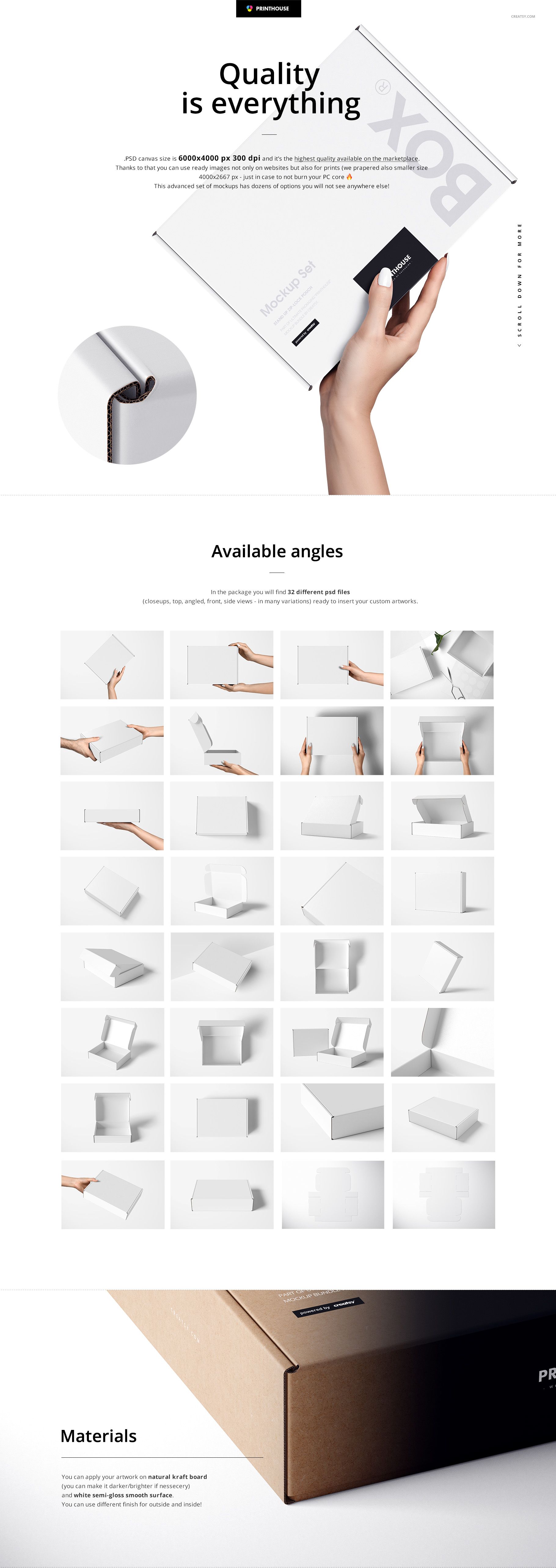 Rectangular mailing box mockup shown in various angles, featuring a plain white surface and minimal design elements.
