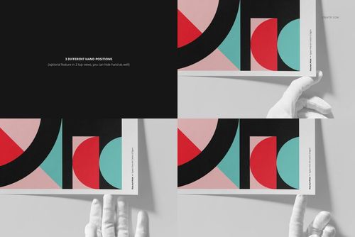 A3 fine art print mockup with geometric abstract design in red, teal, black, and pink, shown in three hand positions.
