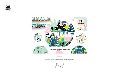 Front view of reusable baby cloth diaper mockup set with colorful jungle-themed patterns and playful animal illustrations.