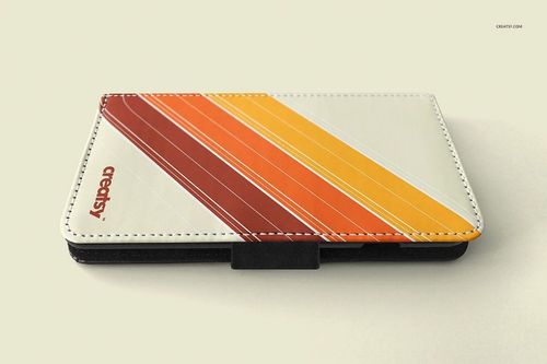 PSD mockup of a foldable phone case featuring bold diagonal lines in warm hues, displayed closed on a light background.