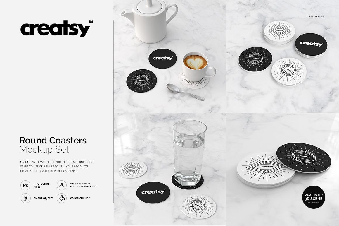 PSD mockup of round coasters in monochrome patterns, arranged with beverages and stacked in a realistic table setting.