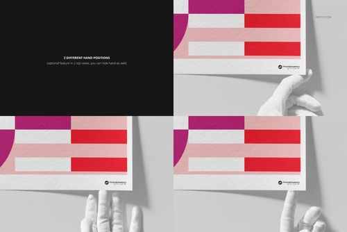 A3 fine art print mockup with textured white paper held by a gloved hand, featuring geometric red and pink patterns.