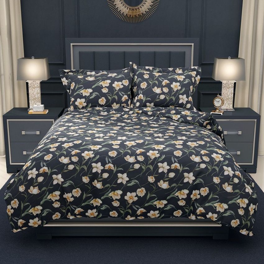Luxury bedroom bedding mockup featuring a dark floral duvet cover and flanged pillows on a modern bed with matching nightstands.
