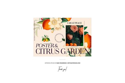 Front view of a glossy poster mockup featuring citrus fruits, white flowers, and green leaves on a light background.