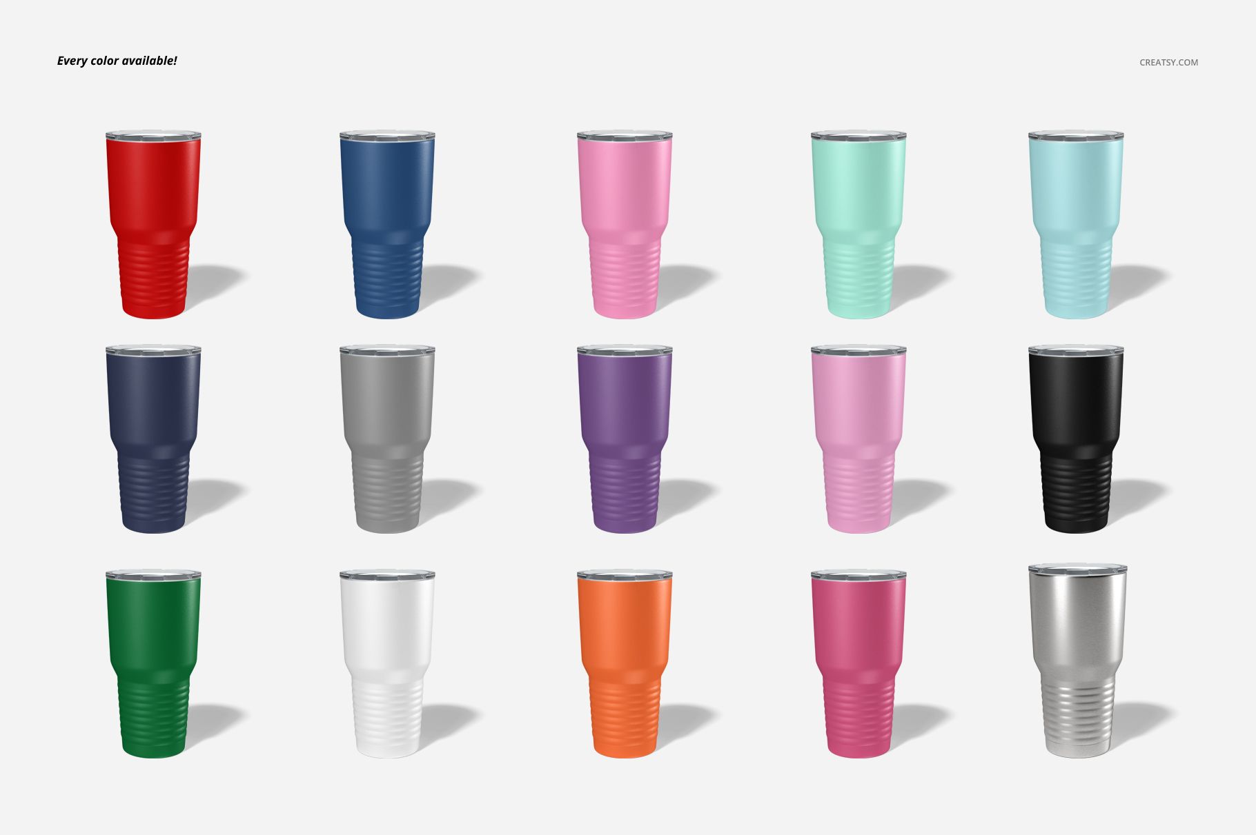 PSD mockup showing multiple 30oz ringneck tumblers in assorted colors, organized in a grid pattern against a neutral backdrop.