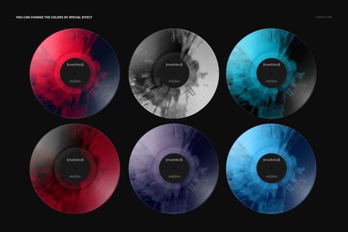 PSD mockup showing six vinyl records with unique marbled patterns in different colors, set against a black backdrop.