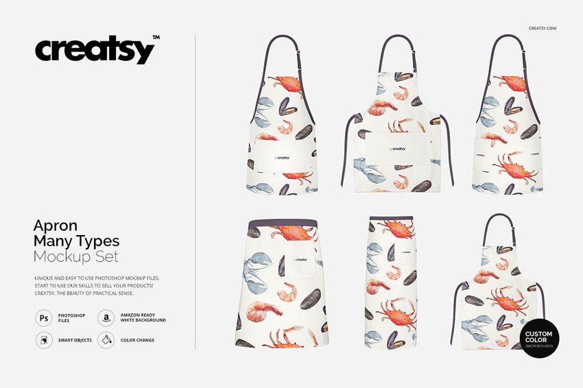 Apron mockup set featuring five aprons with seafood-themed prints in red, blue, and gray, shown on a white background.