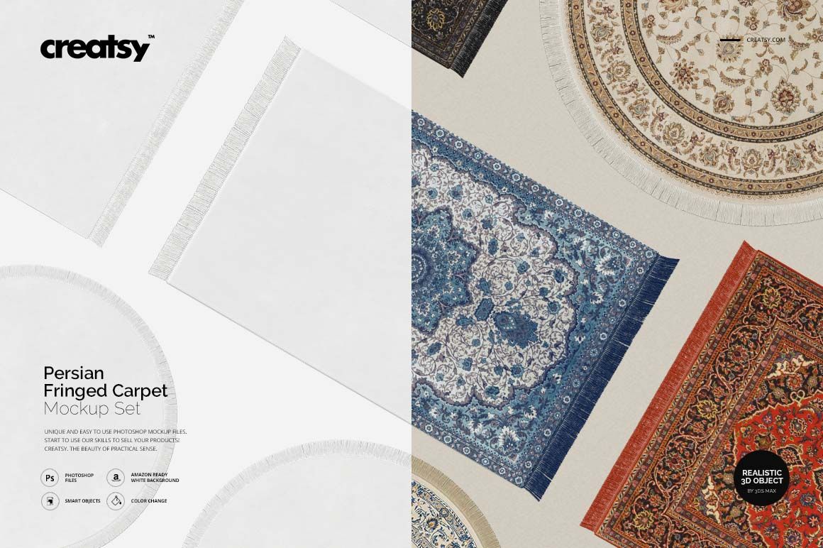 Mockup of Persian fringed carpets in various colors and shapes, arranged side by side with visible decorative details.