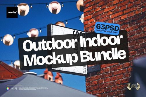 Outdoor indoor advertising mockup bundle displayed on a brick wall with string lights and blue sky background.