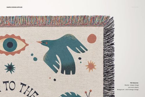 Jacquard fringed throw blanket mockup showing detailed weave, multicolor fringe, and abstract design elements.