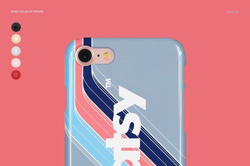 Glossy iPhone 7 snap case mockup with diagonal blue, navy, and pink stripes on a gray background, shown in close-up front view.