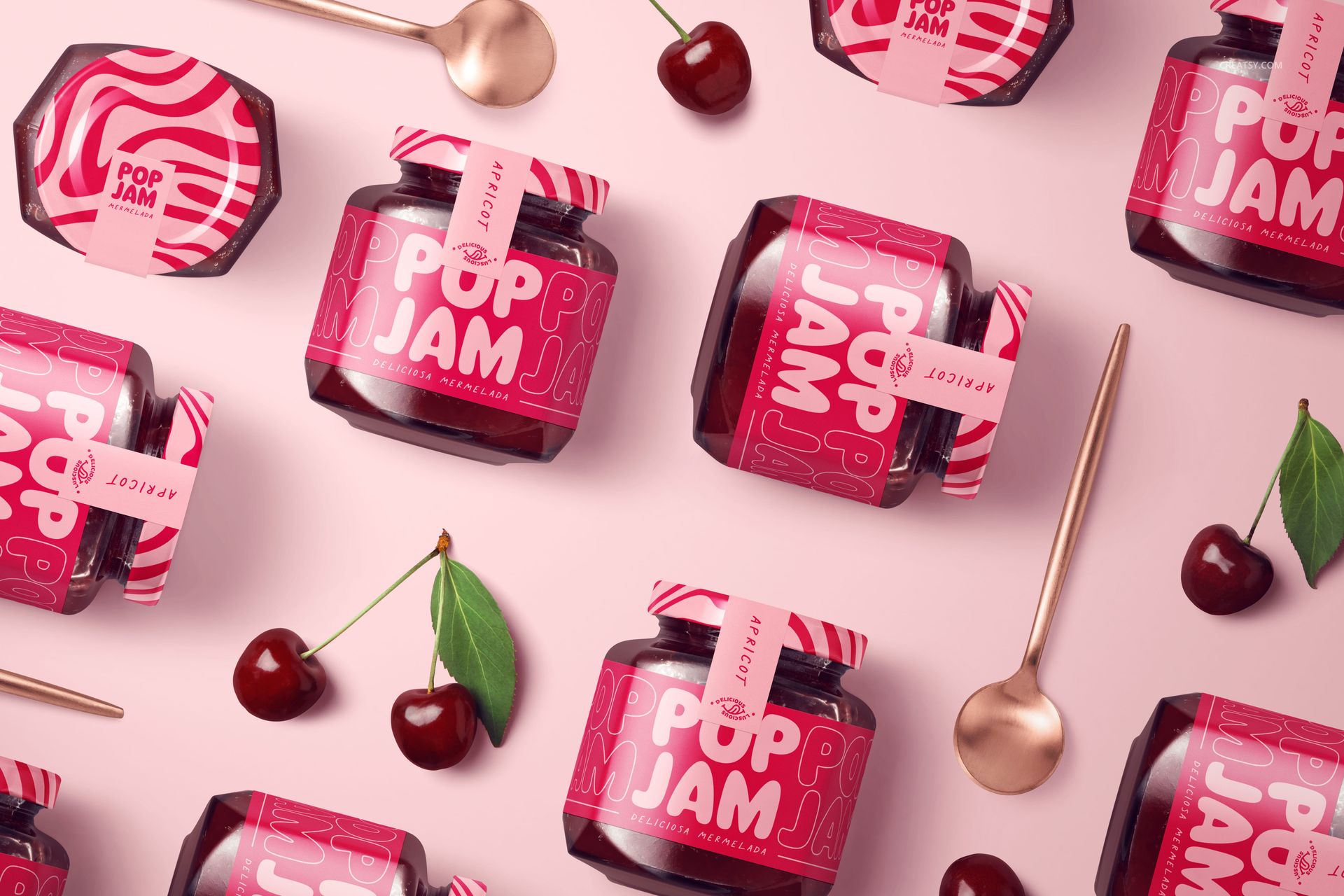 PSD mockup of cherry jam jars with vibrant pink packaging, scattered on a pastel background alongside cherries and spoons.