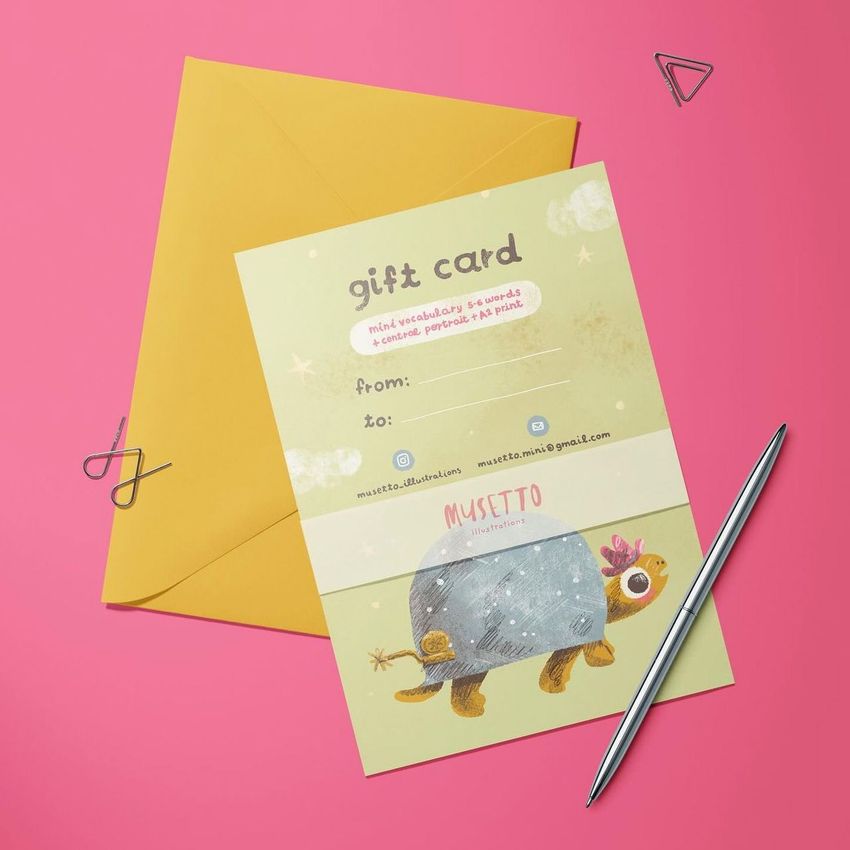 A5 card mockup featuring a whimsical turtle illustration and gift card text, placed on a pink surface with a yellow envelope.