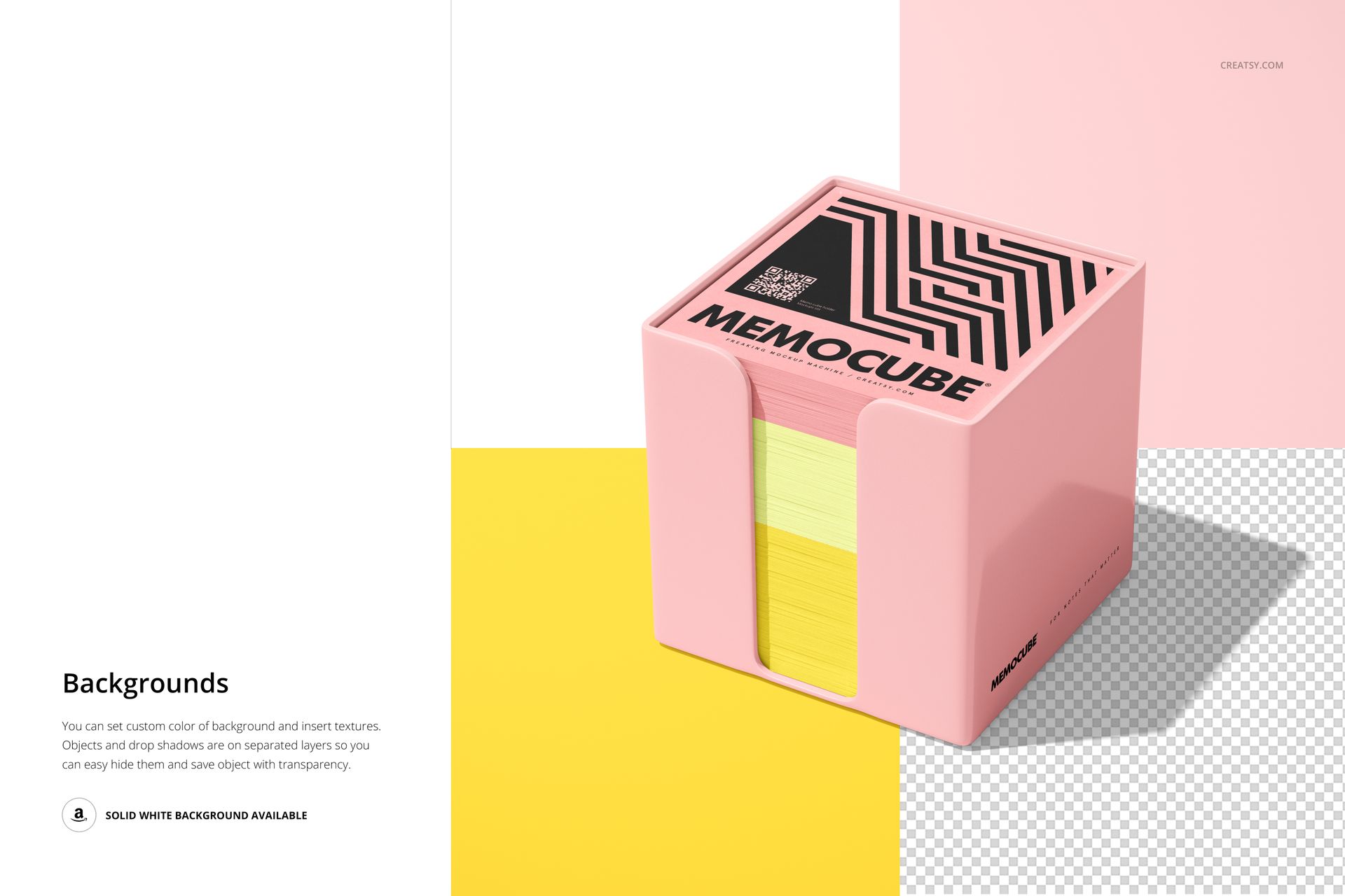 PSD mockup of a memo block cube in a pink acrylic holder with yellow and pink sheets, displayed on a split color scene.