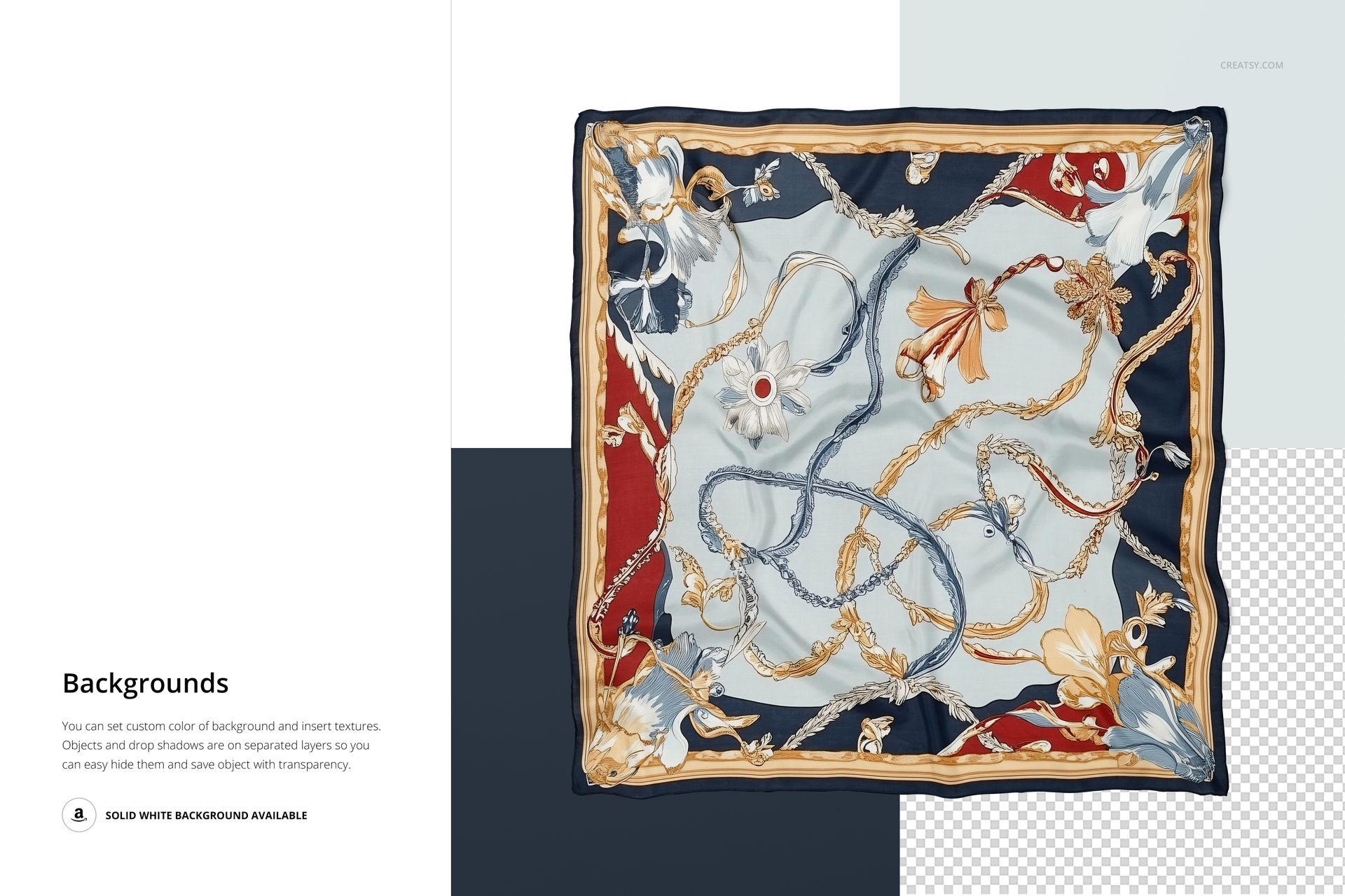 Silk scarf mockup with ornate gold chain and floral pattern, shown from top view on a split background.