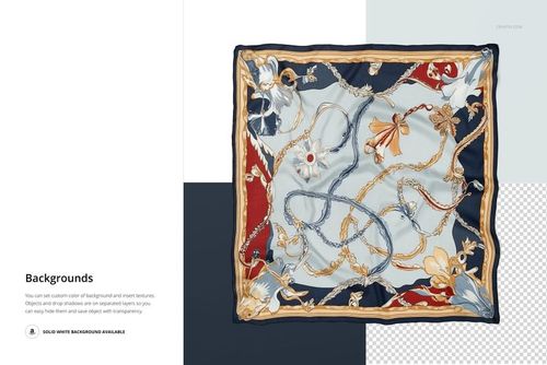 Silk scarf mockup with ornate gold chain and floral pattern, shown from top view on a split background.