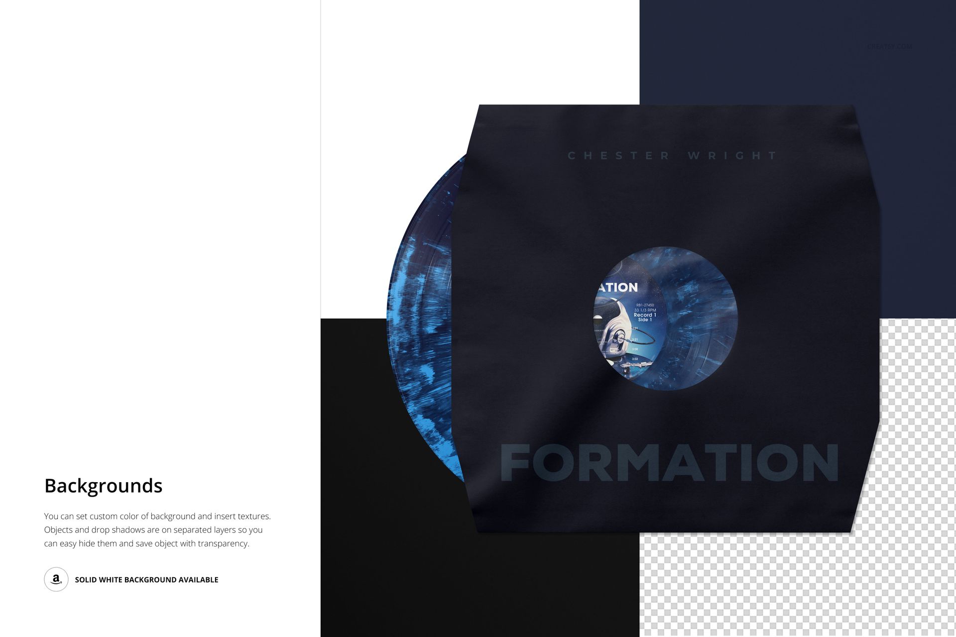 Vinyl record mockup featuring a black paper sleeve with poly lining and visible cut corners on a geometric backdrop.