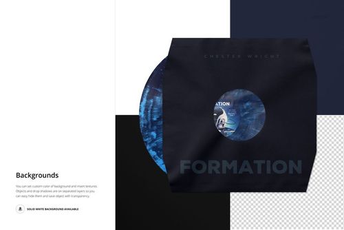 Vinyl record mockup featuring a black paper sleeve with poly lining and visible cut corners on a geometric backdrop.