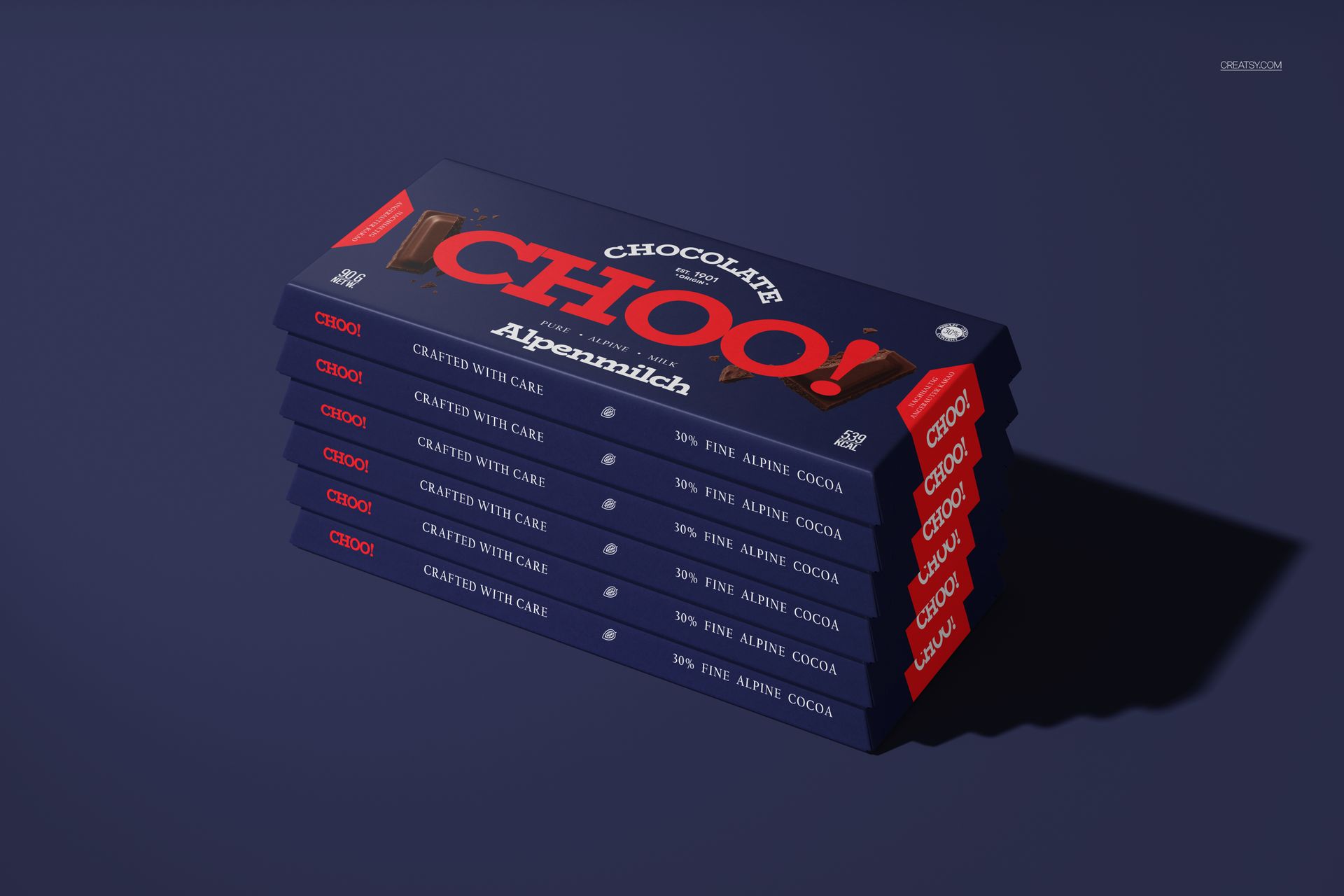 Trapezoidal chocolate bar packaging mockup featuring blue boxes with bold red and white text, perspective view.