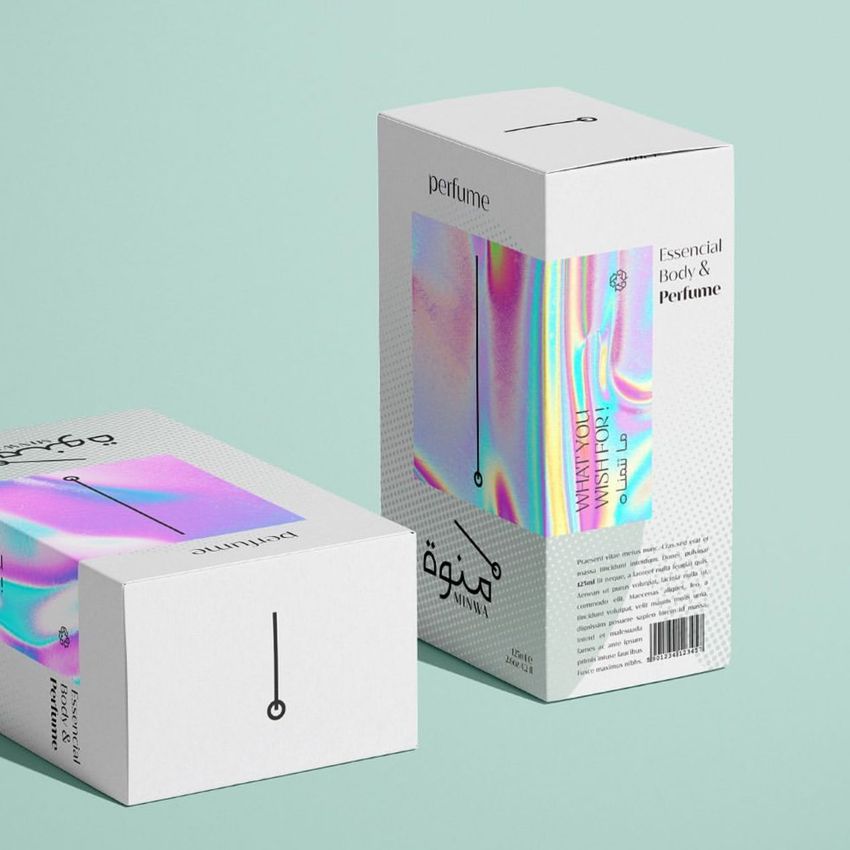 Two tuck top crash lock box mockups displayed on a light green surface, featuring iridescent holographic patterns and minimal text.