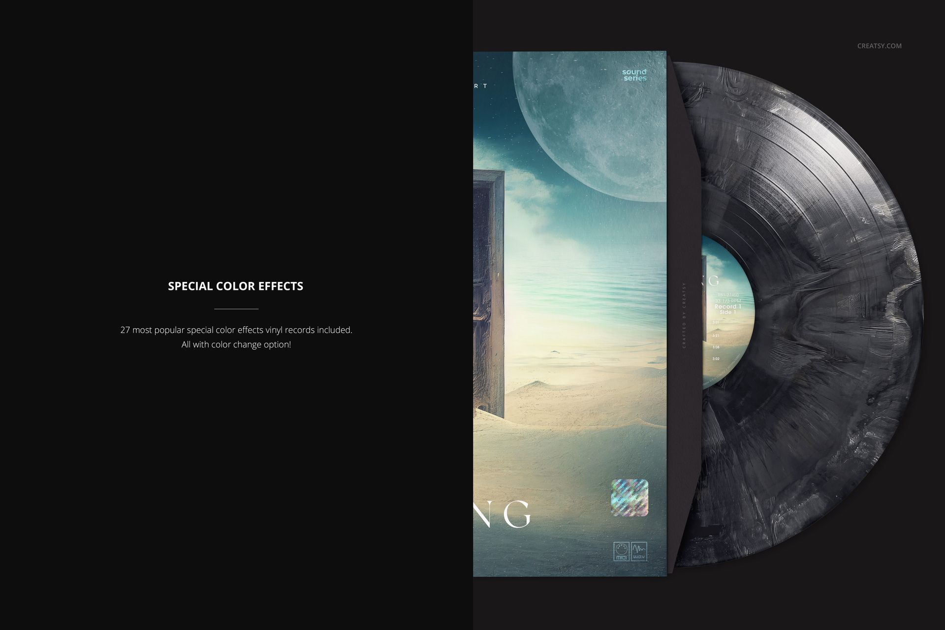 PSD mockup displaying a marbled vinyl record emerging from a cover with surreal landscape and moon imagery.