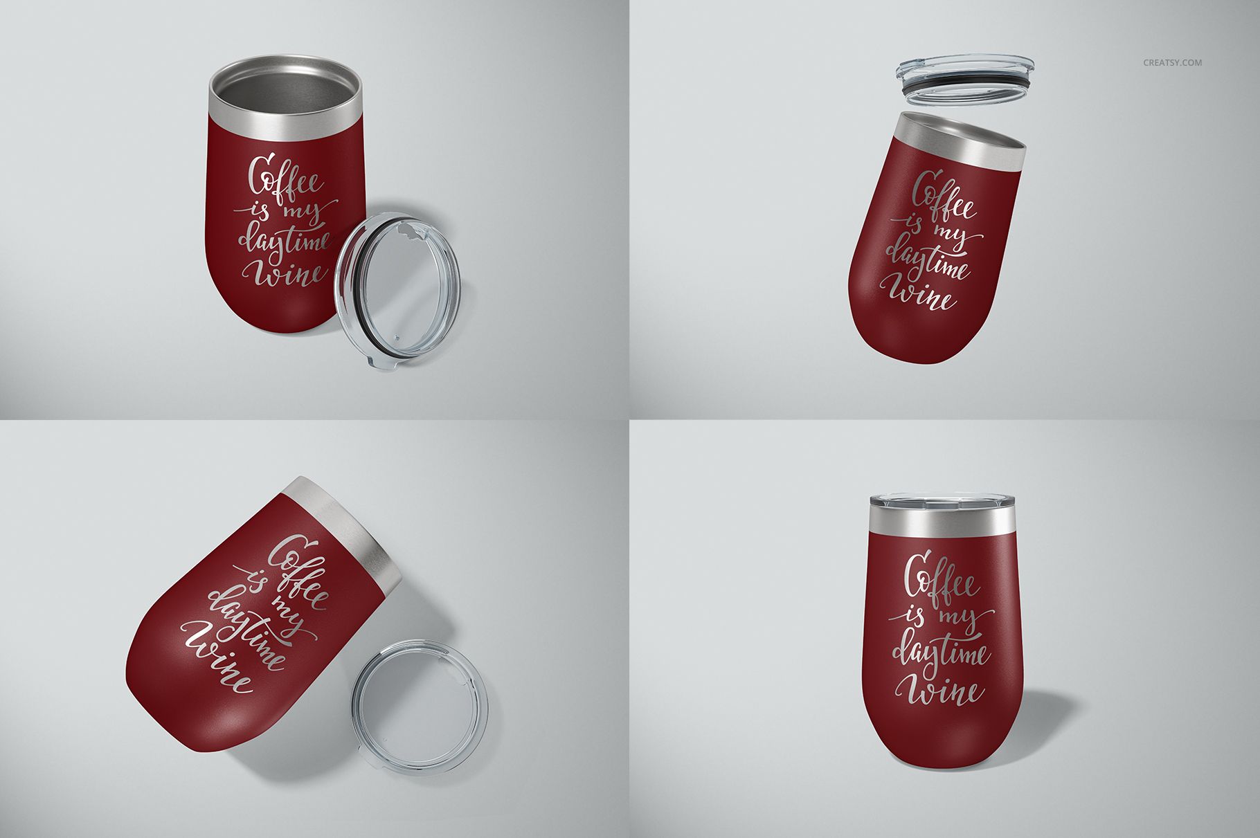 Stemless wine cup mockup set showing a red cup with white script, lid detached, displayed from multiple angles on a light background.