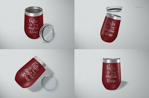 Stemless wine cup mockup set showing a red cup with white script, lid detached, displayed from multiple angles on a light background.