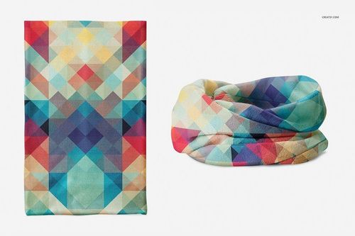 PSD mockup of a neck warmer featuring a multicolored diamond pattern, presented both folded and arranged in a loop.