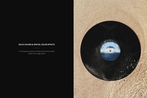 Top view of a black vinyl record partially covered with sand, lying on a light sandy surface in a PSD mockup scene.