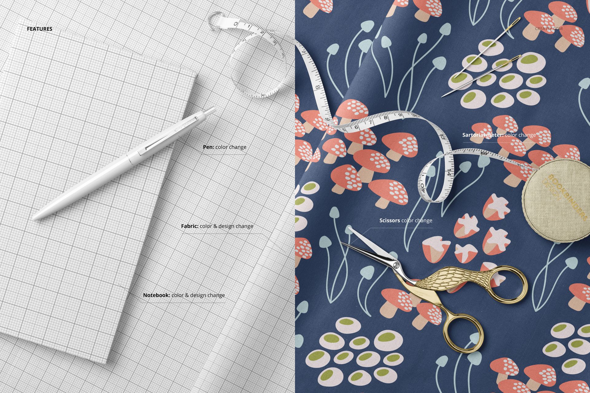 PSD mockup showing floral cotton fabric next to a grid notebook, white pen, gold scissors, and measuring tape.
