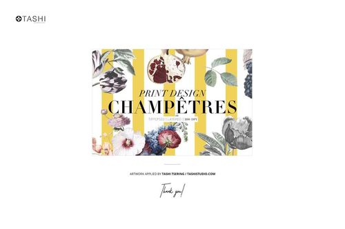 Fabric samples featuring floral and fruit patterns displayed against yellow and white stripes in a front view mockup.