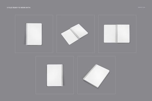 Set of five notebook mockups with square holes, featuring blank white covers and pages on a gray background.
