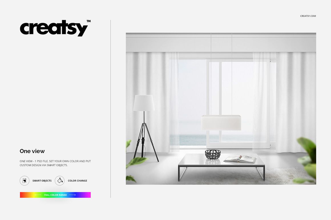 PSD mockup showing long curtains draped over a wide window, featuring soft white tones and contemporary furniture.