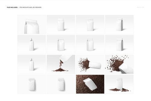 Matte coffee bag mockup set featuring multiple views of white bags and spilled coffee grounds on a plain background.